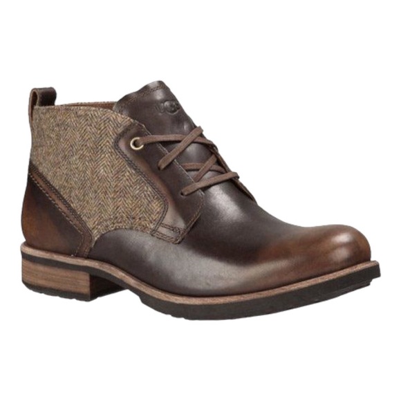 UGG Mens Brown Leather Brompton Grizzy Tweed Lace Up Chukka Boots - Picture 1 of 7
